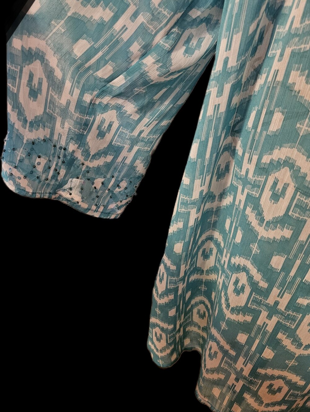Susan Graver   Abstract Ikat Aqua Long-Sleeve Women's Dress or Beach Coverup - Picture 5 of 9